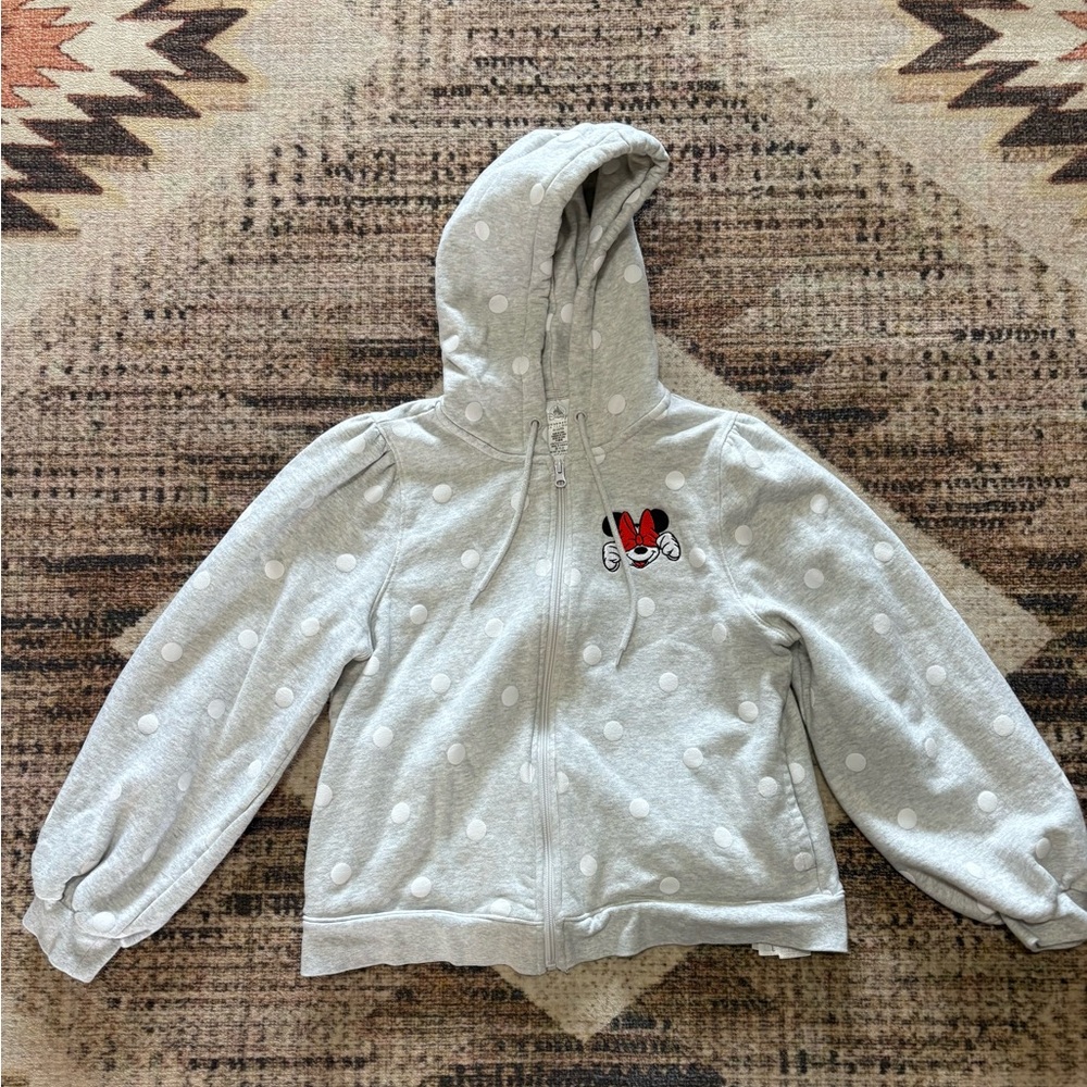 Disney Minnie Mouse Women’s Gray Polka Dot Zip-up Hoodie size Medium